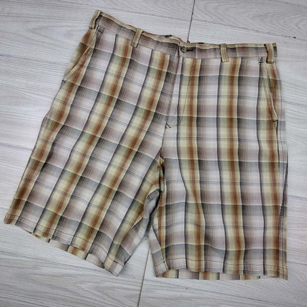 Tommy Bahama Shorts Mens 36 Brown Plaid Silk Linen Blend Casual Flat Front 10in